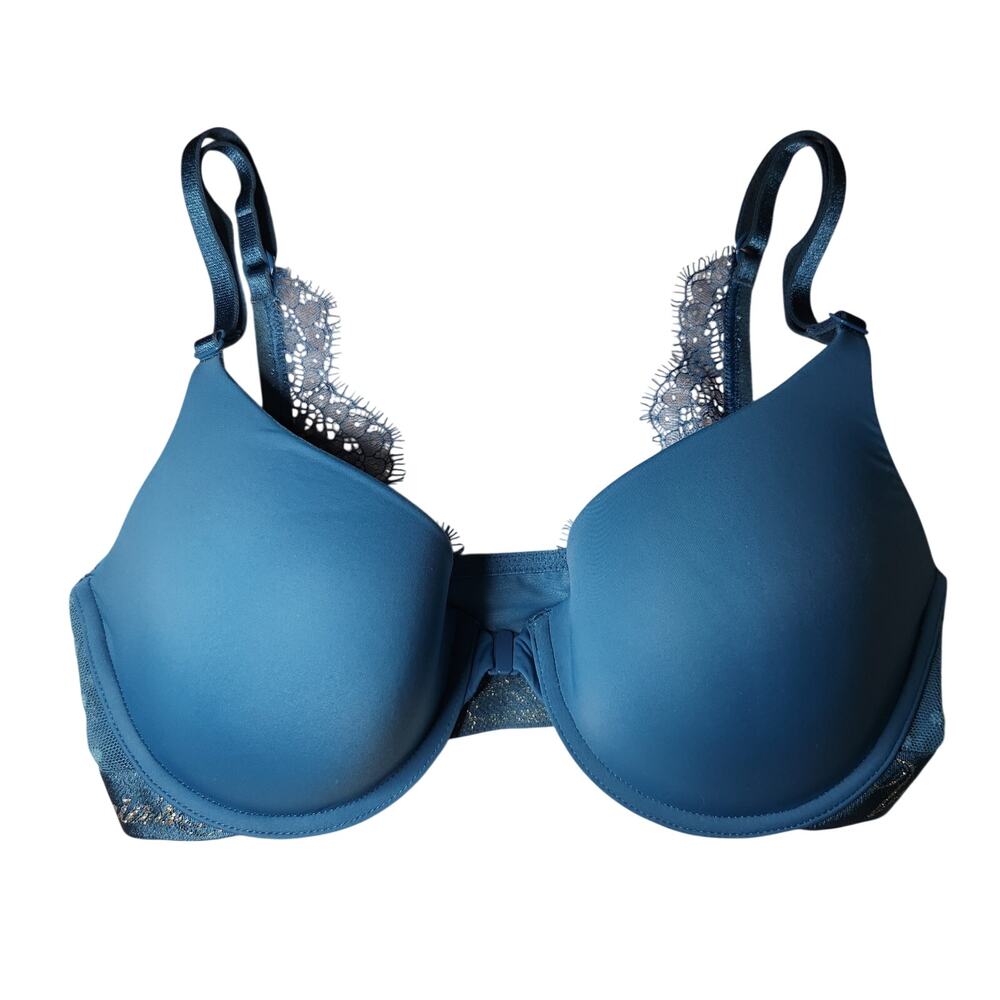 Victoria's Secret Blue Lace Front Close T-Shirt Lightly Lined Demi Bra 32D